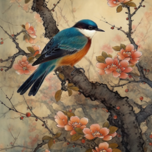 Azure Vitality: Songbird on Blossoming Branch (Fine Art Digital Print)