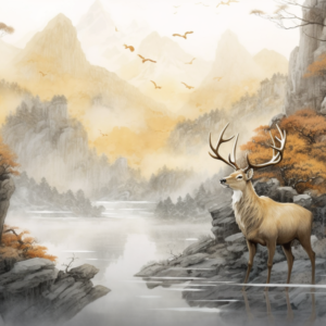 Golden Prosperity: The Sacred Deer of the Misty Mountains (Fine Art Digital Print)