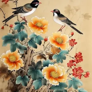 Harmony in Bloom: Peonies and Songbirds (Fine Art Digital Print)