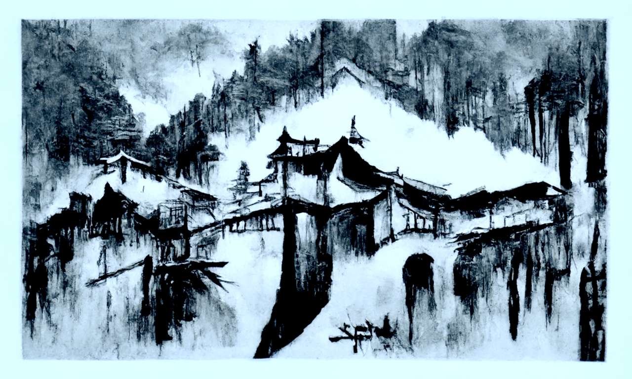 Ancient Echoes: The Silent Ink Village (Fine Art Digital Print)